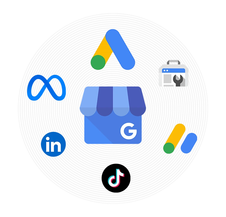 all social media and Google business and AdWords logos are showing for giving 360 degree solutions from the best digital marketing agency